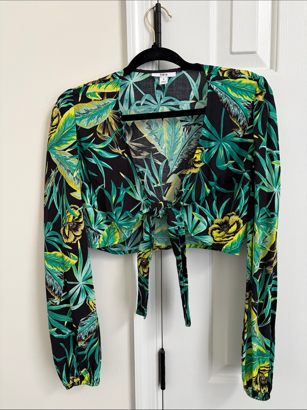 Bar III Black Tropical Tie-Front Crop Top with Green & Yellow Leaf Print
